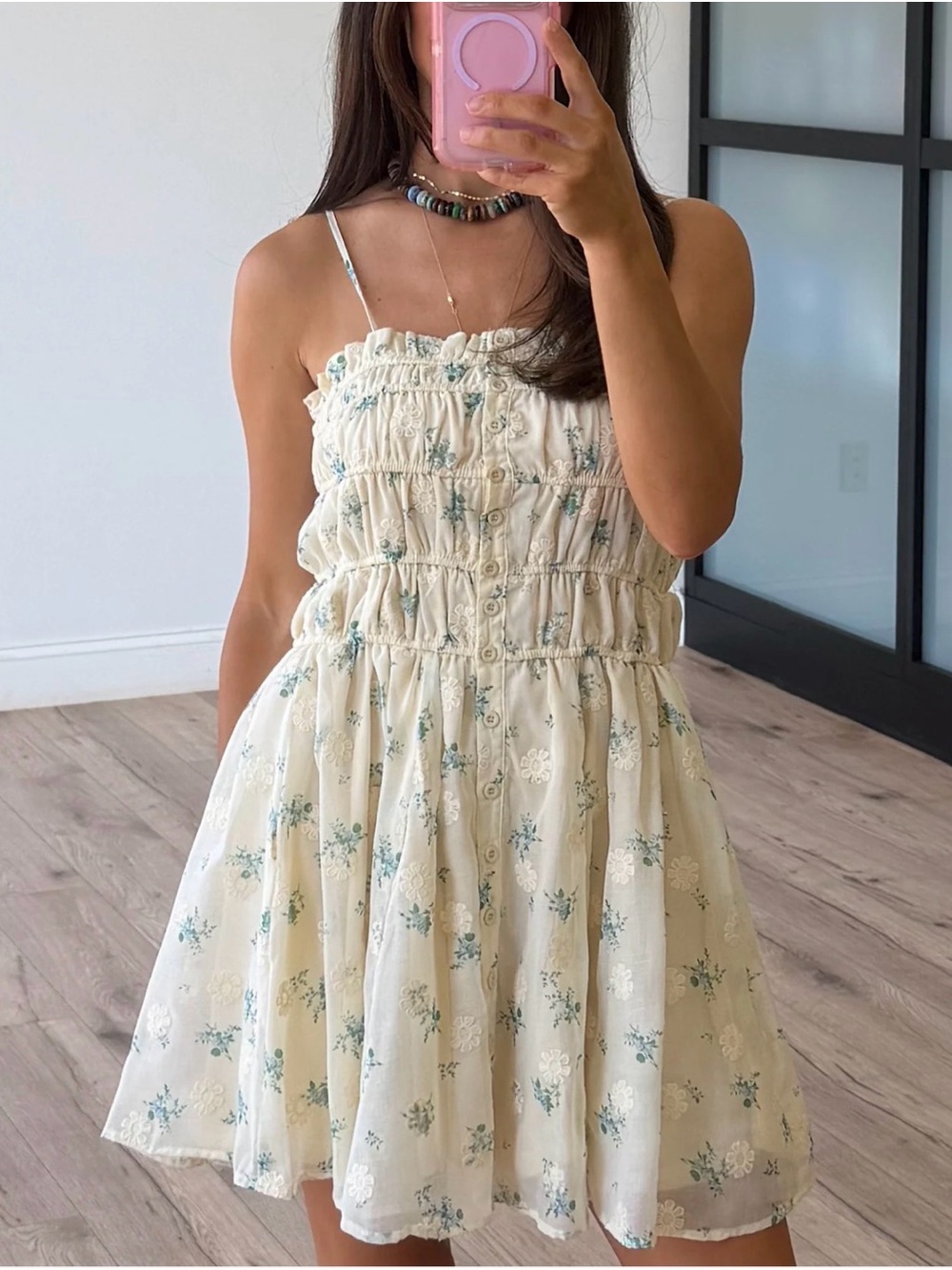 Smocked Spaghetti Strap Floral Sundress in Cream and Sage from Talulah